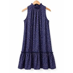 Sam Edelman Navy Pink Polka Dot High Neck Ruffle Hem‎ Shift Dress XS